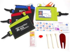 Pouch with 10 must-have items for every golfer. Logo imprinted on front of pouch Item E2251